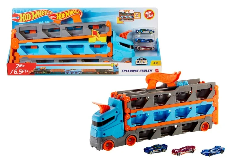 WhatsApp Image 2026-04-19 at 3.48.20 PM Hot Wheels - Speedway Hauler Storage Carrier with 3 1:64 Scale Cars & Convertible 6-Foot Drag Race Track