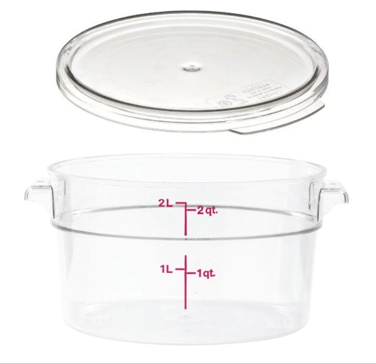 WhatsApp Image 2026-04-19 at 3.58.32 PM Cambro RFSCW2135 Camwear 2-Quart Clear Round Food Storage Container with Cambro RFSCWC2135 Clear Round Lid - Image 1