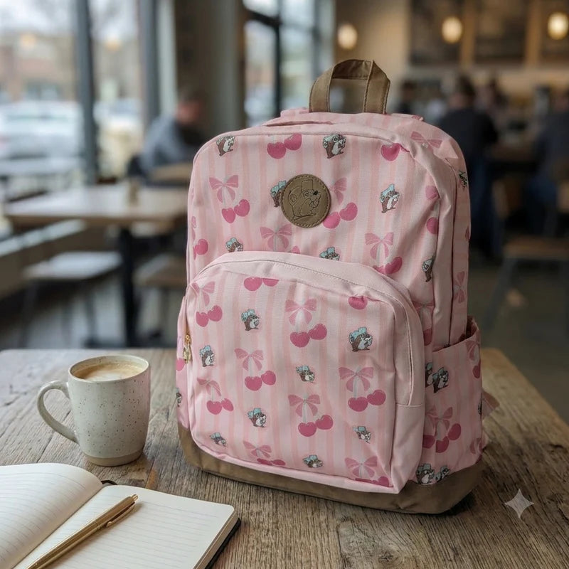 Buc-ee_s_Cherry_Backpacks-1.jpg Buc-ee’s Cherry Backpack, Pink Canvas Backpack with Cherry & Beaver Design, 16-Inch School, Travel & Everyday Bag - Image 1