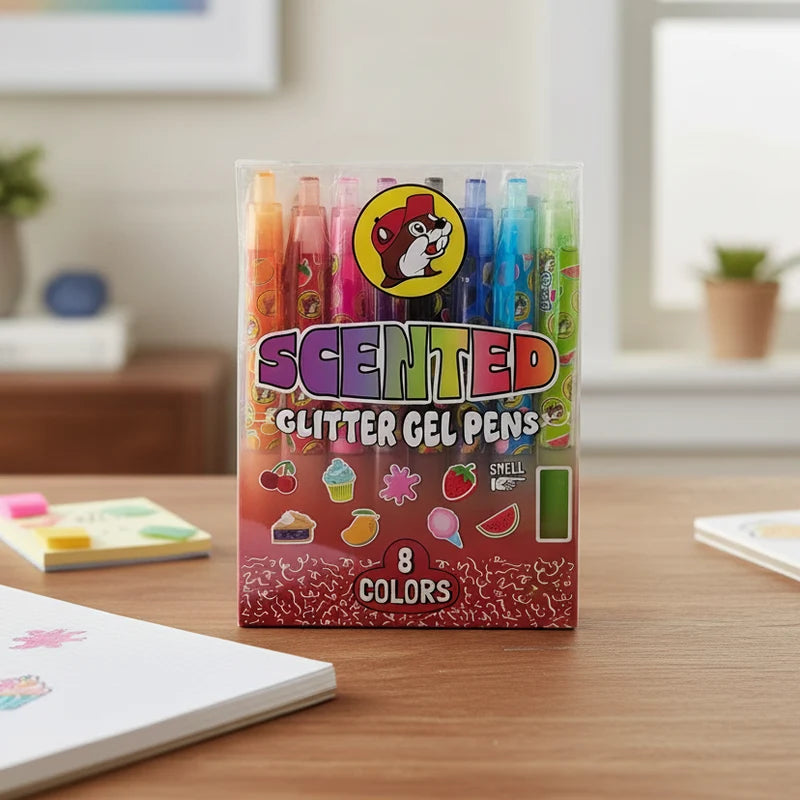 Buc-ee_s_Scented_Glitter_Pens-1.jpg Buc-ee’s Scented Glitter Gel Pens, 8-Pack Colorful Sparkle Writing Pens for Journaling, School, Drawing & Crafts - Image 1